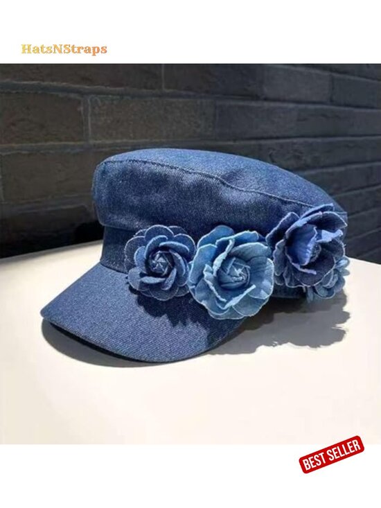 Womens Newsboy Cap Denim Hat French Fashion Floral Cabbie Baker Boy Beret